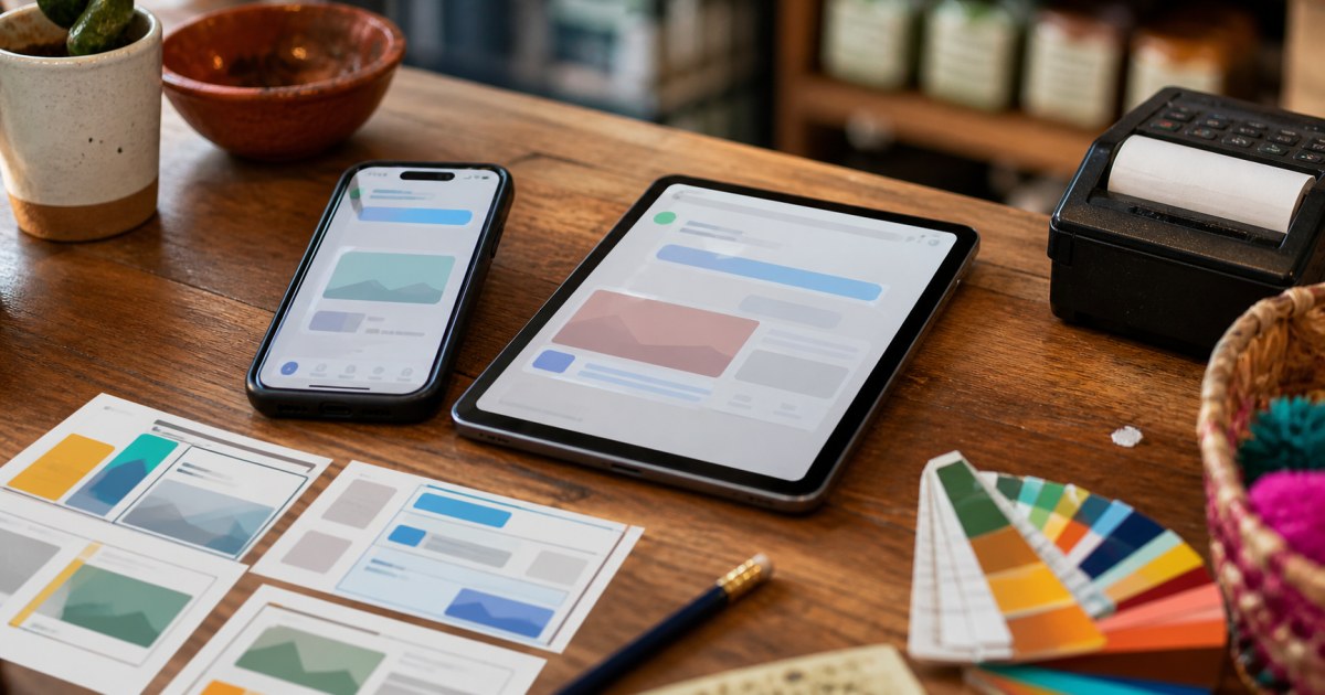 Mostrador de negocio local con smartphone, tablet y materiales de campana digital con IA