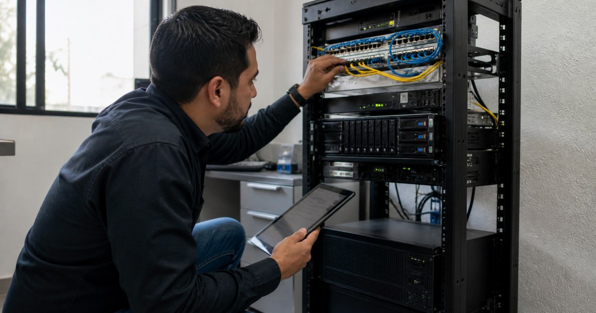 Ciberseguridad NIST CSF pymes 20260821 realista Tecnico revisando rack NAS para ciberseguridad y continuidad operativa en pyme