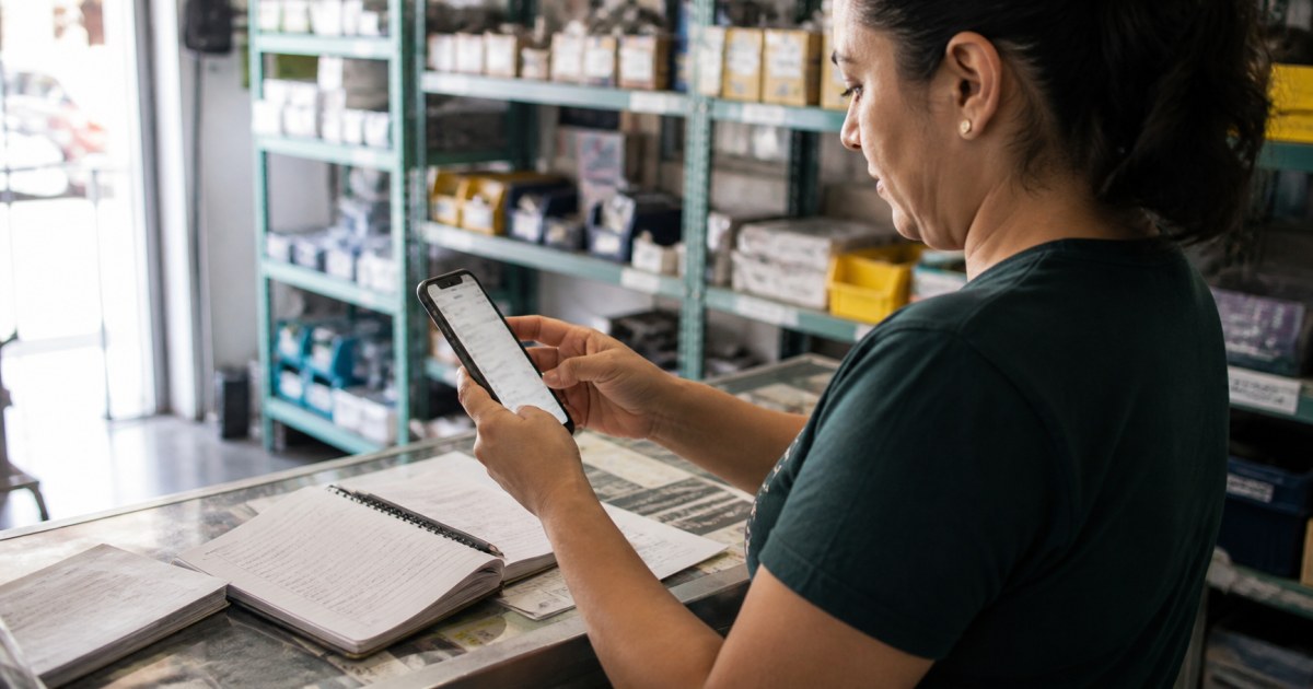 IA productividad pymes movil inventario 20260822 realista Persona usando movil para revisar tareas de inventario con IA en una pyme