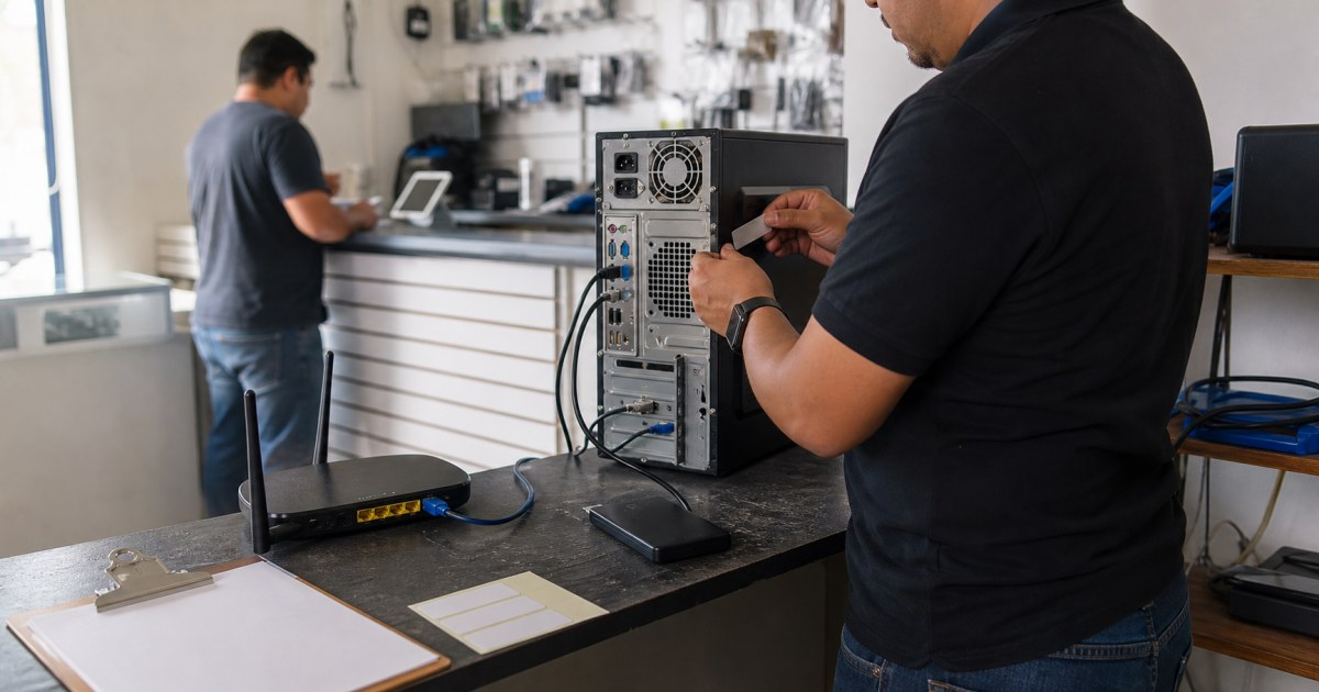 Peritaje informatico preservar evidencia pymes 20260828 realista Tecnico revisando computadora y red para preservar evidencia digital en una pyme